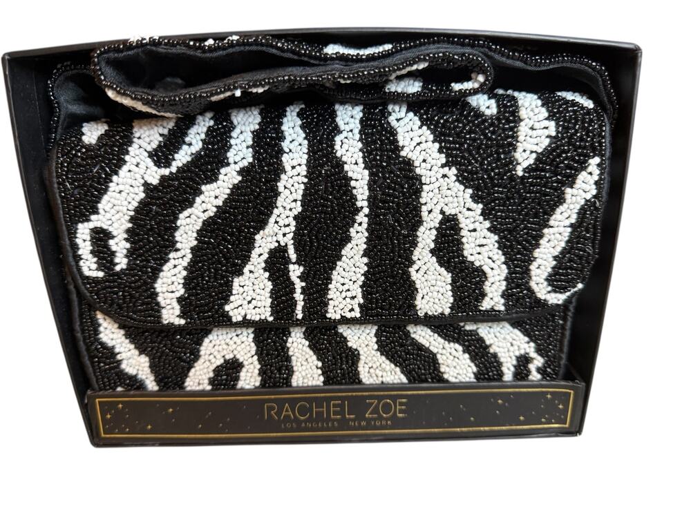 Rachel Zoe Beaded Zebra Print Shoulder Bag Black White